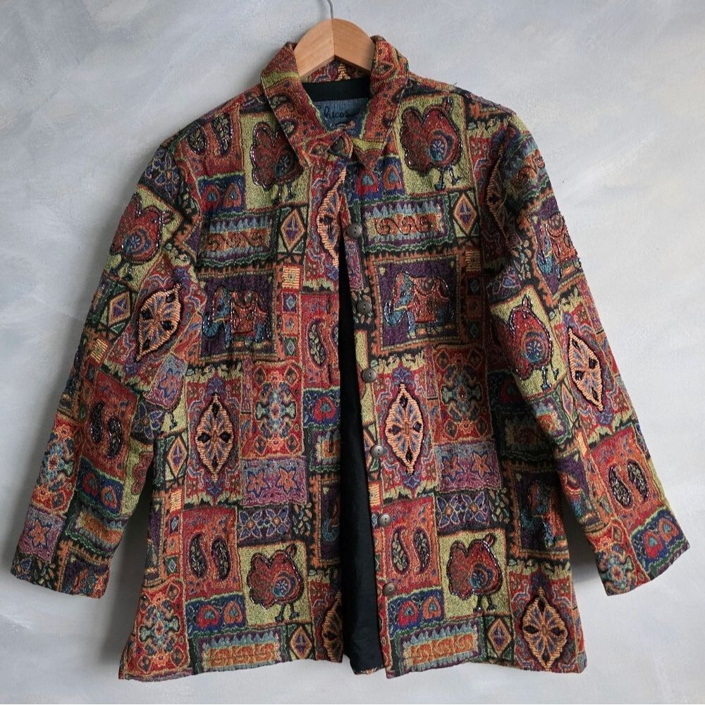 Fully Embroidered Beaded Tapestry Button Down Overcoat Shirt Jacket Sz 1/M Boho